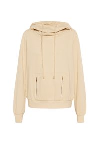 Beige kapucnis pulóver gallérral, állítható zsinórral és hosszú ujjal. Elöl egy zseb található, amely két cipzáros rekesszel rendelkezik. Puha szövettextúra.