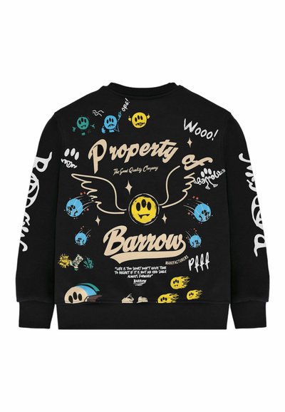 Sweat-shirt noir avec des visages souriants colorés, un emblème ailé, et le texte "Propriété de Barrow" ainsi que des phrases motivantes au dos et sur les manches.