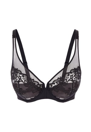 Sort gennemsigtig bh med blomstret blonderbroderi, justerbare stropper, med bøjle, vist mod hvid baggrund.