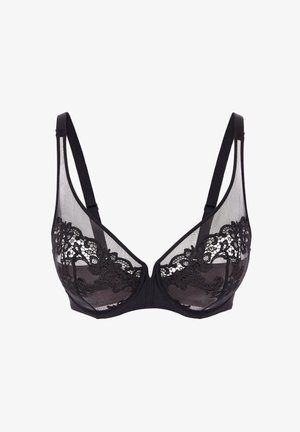 Sort gennemsigtig bh med blomstret blonderbroderi, justerbare stropper, med bøjle, vist mod hvid baggrund.