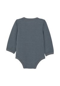 Langarm babyromper van donkergrijze katoen. Heeft een ronde halslijn en drukknoopsluitingen onderaan voor gemakkelijk aan- en uittrekken. Soepele textuur.