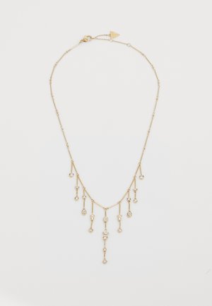 Gold-tone necklace featuring elongated links and multiple drop accents adorned with clear gemstones, creating a layered effect.