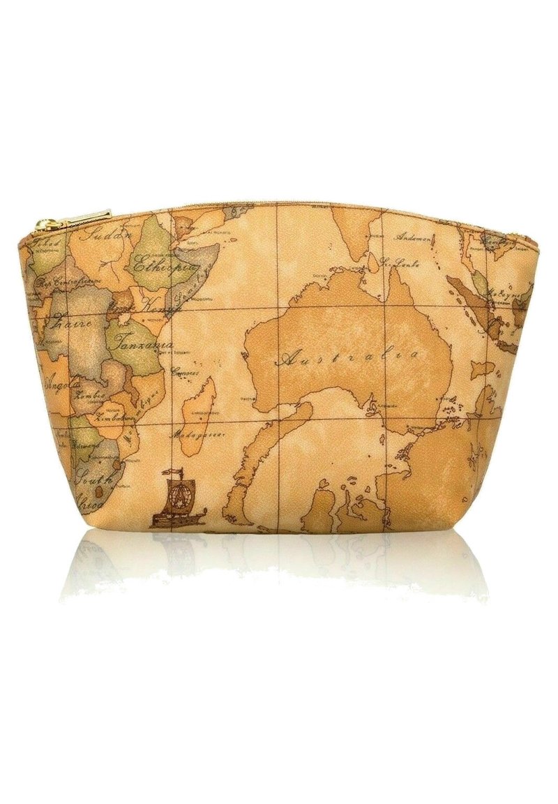 Borsa con zip caratterizzata da un design di una mappa del mondo vintage, realizzata in tessuto testurizzato in calde tonalità beige con accenti marroni e linee a griglia.