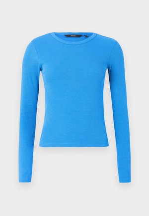 Blue long-sleeve ribbed top with a rounded neckline, fitted design, and smooth texture; no visible logos or embellishments.