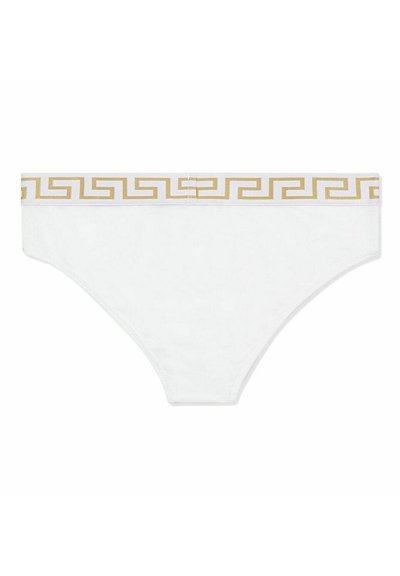 Slip bianco con un ampio cinturino in vita a motivi geometrici dorati. Realizzato in tessuto morbido, presenta una superficie liscia e un design a taglio classico.