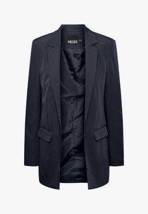 Blazer navy hecho de tela suave, con solapas muesca, dos bolsillos frontales y un interior simple sin forro.