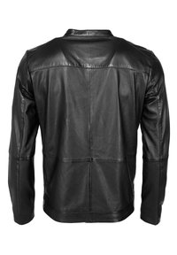 Zwarte leren jas met lange mouwen, zichtbare stiksels en een iets verhoogde kraag, weergegeven vanuit de achterkant op een witte achtergrond.