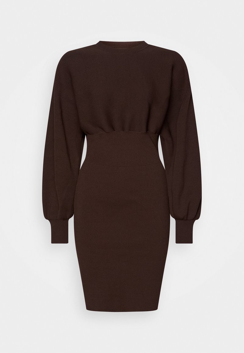 Brown knitted dress with a fitted silhouette, long puff sleeves, and a ribbed texture. Features a high neckline and mid-thigh length.
