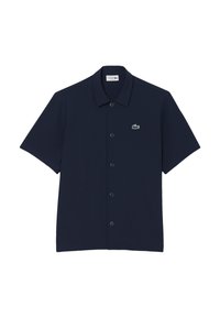 Camicia a maniche corte blu navy realizzata in misto cotone, con chiusura a bottoni sul davanti e logo del coccodrillo Lacoste sul lato sinistro del petto.