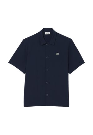 Navy blue short-sleeve shirt made of cotton blend, featuring a button-down front and a Lacoste crocodile logo on the left chest.