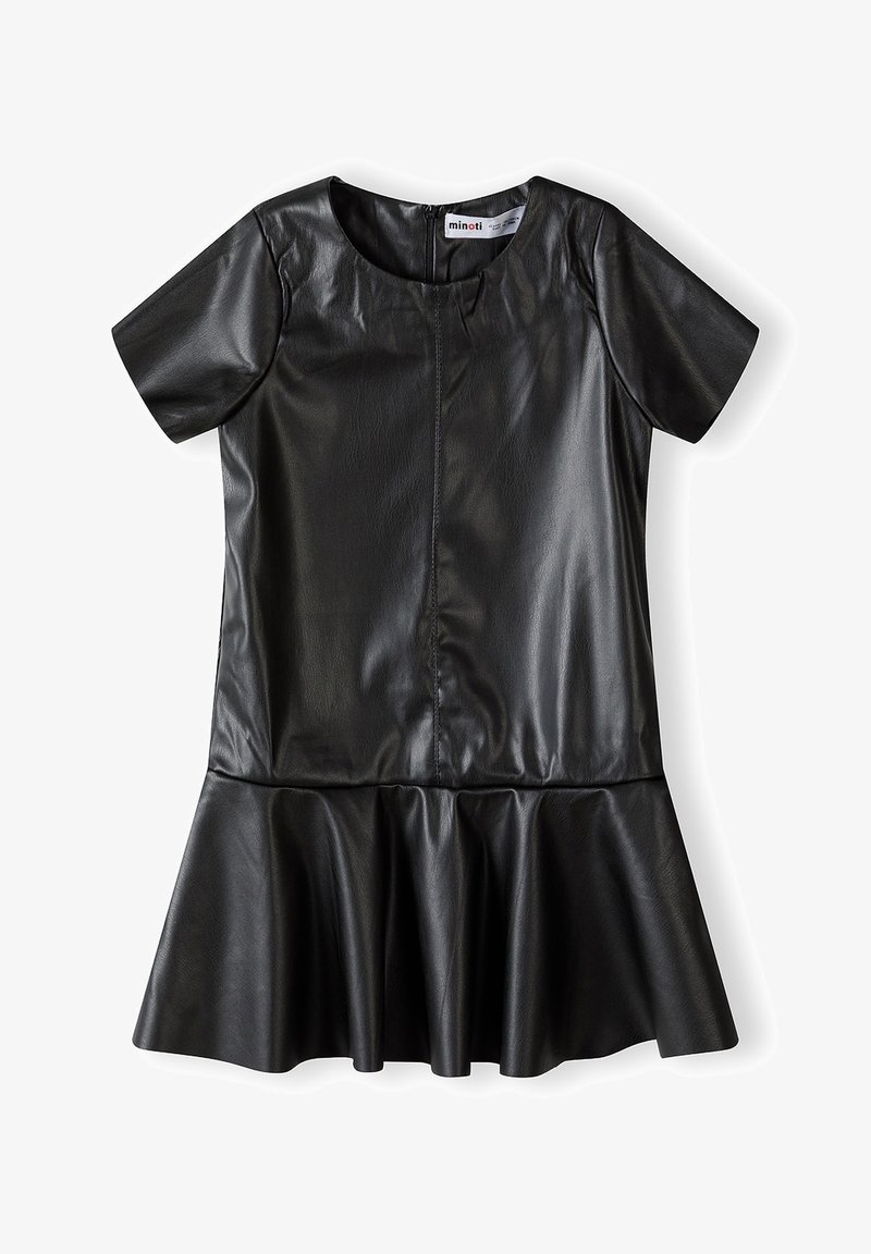 Robe courte à manches courtes en similicuir noir avec un col rond et un ourlet de jupe évasé, dotée d'une fermeture éclair au dos.