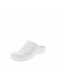 La scarpa sabot bianca presenta un materiale sintetico perforato, una punta arrotondata e una suola in gomma testurizzata per una buona aderenza. Design leggero e facile da indossare.