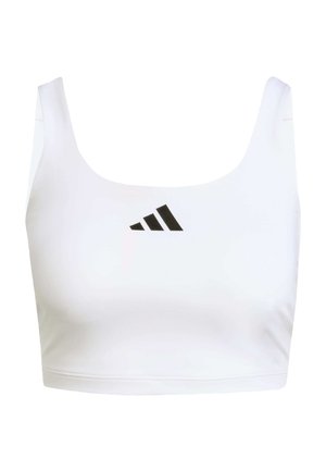 Weißes, sportliches Cropped-Top mit einem runden Ausschnitt und einem schwarzen Adidas-Logo auf der Vorderseite. Hergestellt aus glattem, dehnbarem Stoff.