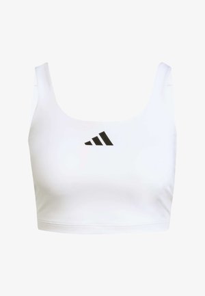 Top curto atlético branco com um design de decote em U e um logo preto da Adidas na frente. Feito de um tecido liso e elástico.