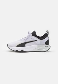 Running shoe in lavender and black, featuring a textured upper, cushioned sole, and prominent branding on the heel and side.