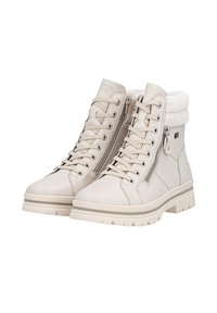 Bottines en cuir beige avec une finition texturée, dotées d'un col en fausse fourrure, d'un devant à lacets et d'une fermeture éclair latérale. Semelle épaisse avec motif de grip.
