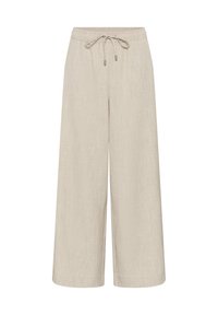 Pantalon beige à jambes larges avec taille élastique et cordon, en tissu léger texturé.