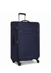Valigia morbida blu navy con manico retrattile, ruote doppie, tasca frontale con zip e manico laterale per un facile trasporto.