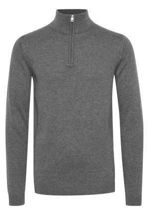 Sivi zip-up dukserica s visokim ovratnikom, rebrastim izrezom i manžetama, koja se odlikuje glatkom teksturom i slim fit dizajnom.