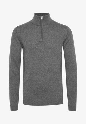 Gray zip-up sweater with a high collar, ribbed neck, and cuffs, featuring a smooth texture and slim-fit design.