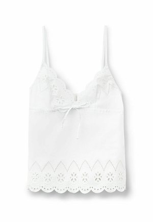 Hvid ærmeløs camisole med tynde stropper, blondekant langs halsudskæring og kant, og en lille bundet sløjfe foran i midten.