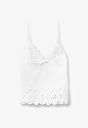 Hvid ærmeløs camisole med tynde stropper, blondekant langs halsudskæring og kant, og en lille bundet sløjfe foran i midten.