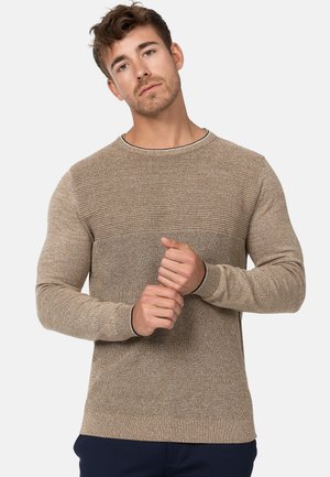 Beige pullover sweater with a textured ribbed design on the upper body, fitted sleeves, and a contrasting dark neckline.