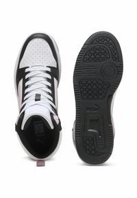 High-top sneakers featuring a white perforated leather upper, black leather accents, pink stripes, and a textured rubber sole.