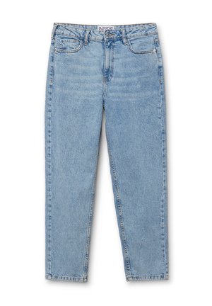 Jeans rectos de color azul claro, confeccionados en denim, con un diseño clásico de cinco bolsillos y una cinturilla cosida con cierre de botón.