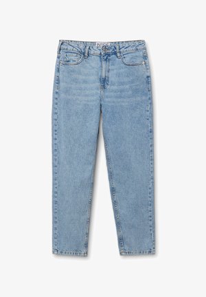 Jeans rectos de color azul claro, confeccionados en denim, con un diseño clásico de cinco bolsillos y una cinturilla cosida con cierre de botón.