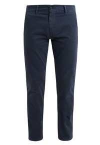 Marinblå slim-fit herrbyxor med bälteshällor, framknapp och dragkedjestängning, visade mot en vit bakgrund.