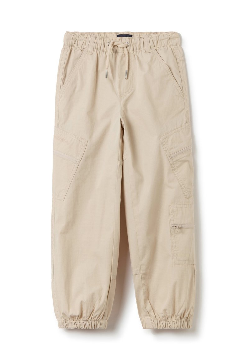 Beige cargobroek met een elastische tailleband, trekkoord, zijzakken en omgeslagen hemden. Gemaakt van lichtgewicht stof met een subtiele textuur.