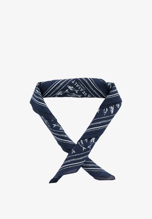 Tumesinine sall, valmistatud kergest kangast, millel on kalamotiiv ja valged diagonaaltriibud. Pööratud disain teravate otstega.