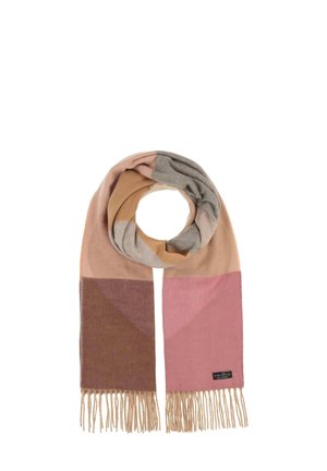 Écharpe tricotée avec un motif géométrique dans des tons de rose pâle, beige, gris et marron, finition avec des bords frangés et une petite étiquette de marque.