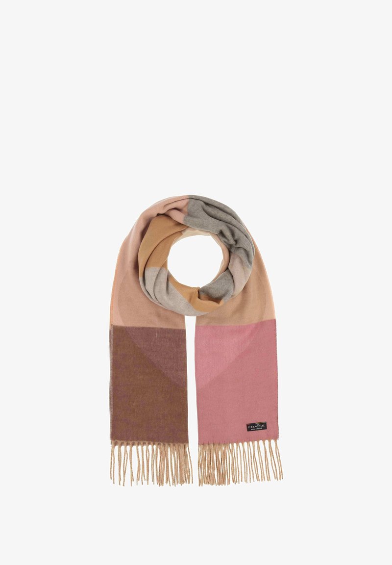 Strikket tørklæde med et geometrisk mønster i blush pink, tan, grå og brune nuancer, afsluttet med frynser og et lille mærke.