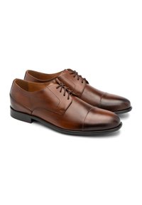 Braune Leder-Dressschuhe mit glatter Oberfläche, ausgestattet mit einem Kappenzehendesign und traditionellem Schnürverschluss. Abgerundete Form und strapazierfähige Sohle.