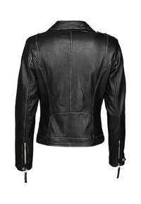 Schwarze Leder-Motorradjacke mit strukturiertem Design, sauberen Nähten, Kragen und Reißverschlussärmeln. Verfügt über ein Detail in der Rückentasche.