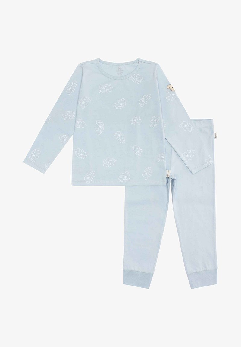 Helleblaue Schlafanzugset mit langen Ärmeln und Hosen. Verfügt über kleine weiße Elefantenmuster und gerippte Bündchen an Ärmeln und Hose.