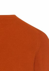 Sweter z dzianiny w głębokim pomarańczowym kolorze, z teksturowaną powierzchnią i okrągłym dekoltem, z minimalistycznymi szwami wzdłuż szwu ramienia.
