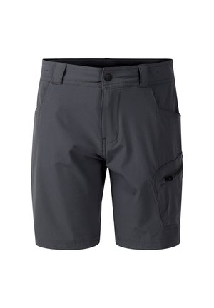 Pantaloncini da uomo grigio scuro con passanti per cintura, bottone frontale, tasche laterali e tasca con zip sulla gamba destra.