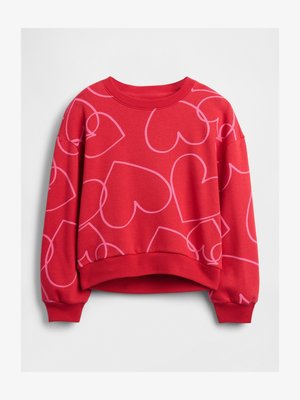 Rdeč pulover z dolgo rokavi, okrolim izrezom in vzorcem velikih roza srčkov po celotni površini.