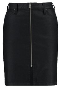 Jupe crayon en denim noir avec fermeture éclair à l'avant, taille munie de passants pour ceinture et deux poches latérales. Texture lisse, longueur jusqu'au genou.