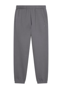 Grijze sweatpants van zacht materiaal, met een elastische tailleband, zijzakken en elastische boorden bij de enkels. Logo op de onderste linkerbenen.