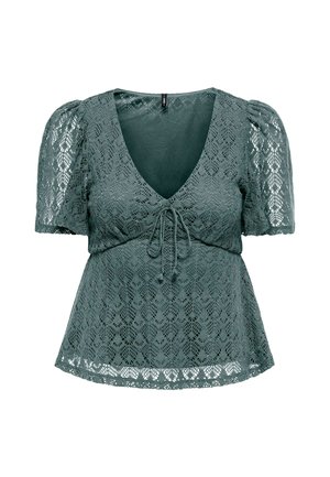 Groene kanten korte mouwen blouse met V-hals, geplooide mouwen, trekkoord aan de voorkant en een golvende zoom.