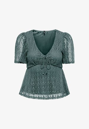 Zielona ażurowa bluzka z krótkim rękawem, dekoltem w kształcie litery V, bufkami na rękawach, wiązaniem z przodu i falowanym dołem.