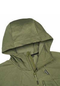 Capuchonjack in olijfgroen, met een gestructureerde stof, volledige ritssluiting en een gladde binnenvoering. Voorzien van een merkembleem op de rits.