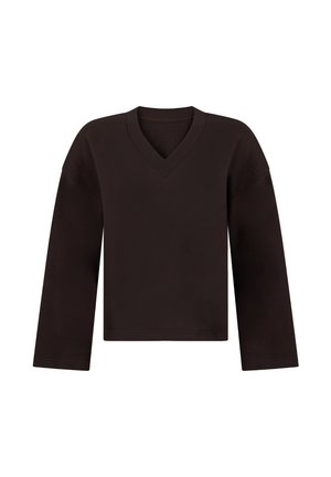 Zwart V-hals shirt met lange mouwen, een ontspannen pasvorm en een rechte zoom, afgebeeld tegen een eenvoudige witte achtergrond.