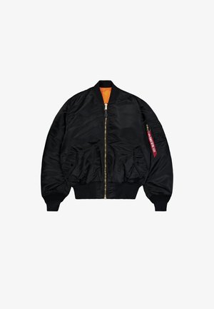 Black bomber jacket with a smooth finish, orange lining, zip closure, ribbed cuffs, and an external zip pocket with a red pull tab.