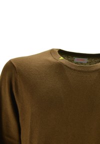 Maglione a collo rotondo marrone con colletto a coste che mostra un piccolo etichetta del marchio SUN68 all'interno del collo.