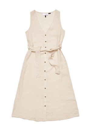 Beige linen dress with a V-neck, button-front, and a tied waist. Features a flowy silhouette and subtle texture.